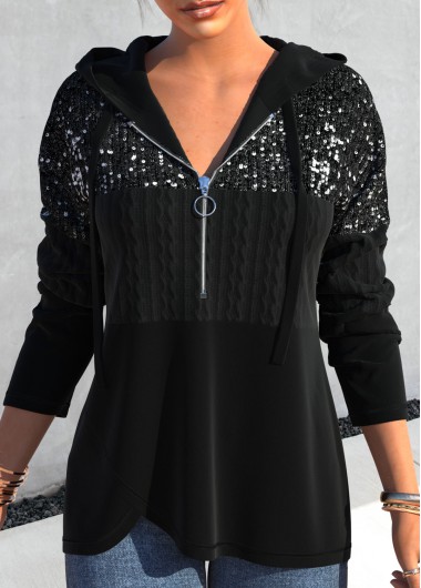 women clothes image of Black Sequin Long Sleeve Asymmetric Hem Hoodie