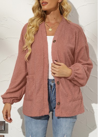 Dusty Pink Decorative Button Long Sleeve Coat
