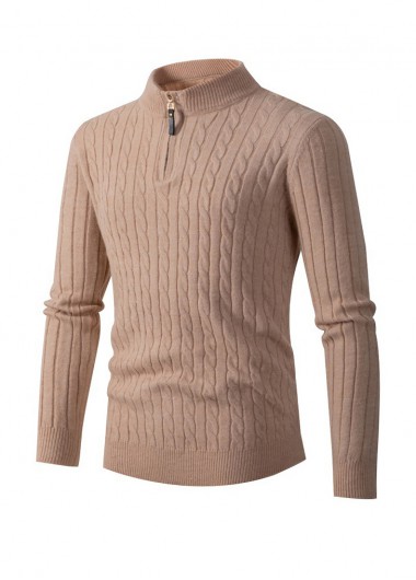 Light Coffee Jacquard Long Sleeve Stand Collar Sweater