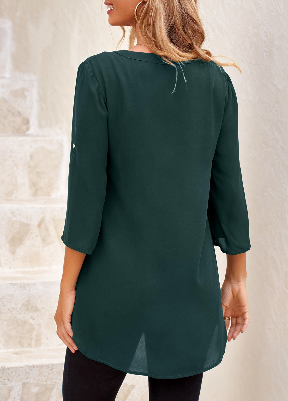 Heart Shape Button Split Neck Blackish Green Blouse | modlily.com - USD ...