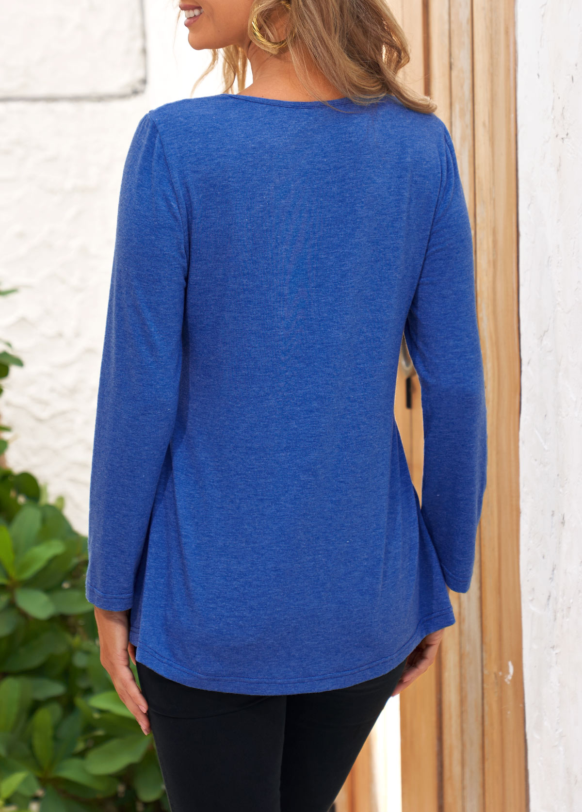 Royal Blue Lace Stitching Long Sleeve T Shirt