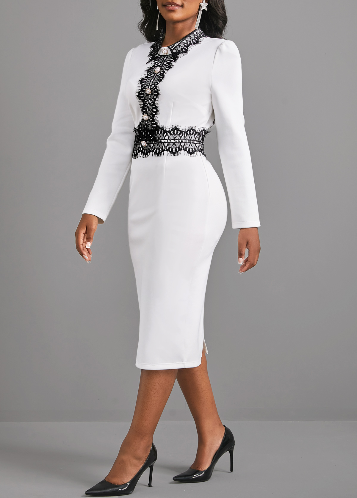 White Lace Patchwork Long Sleeve Dress