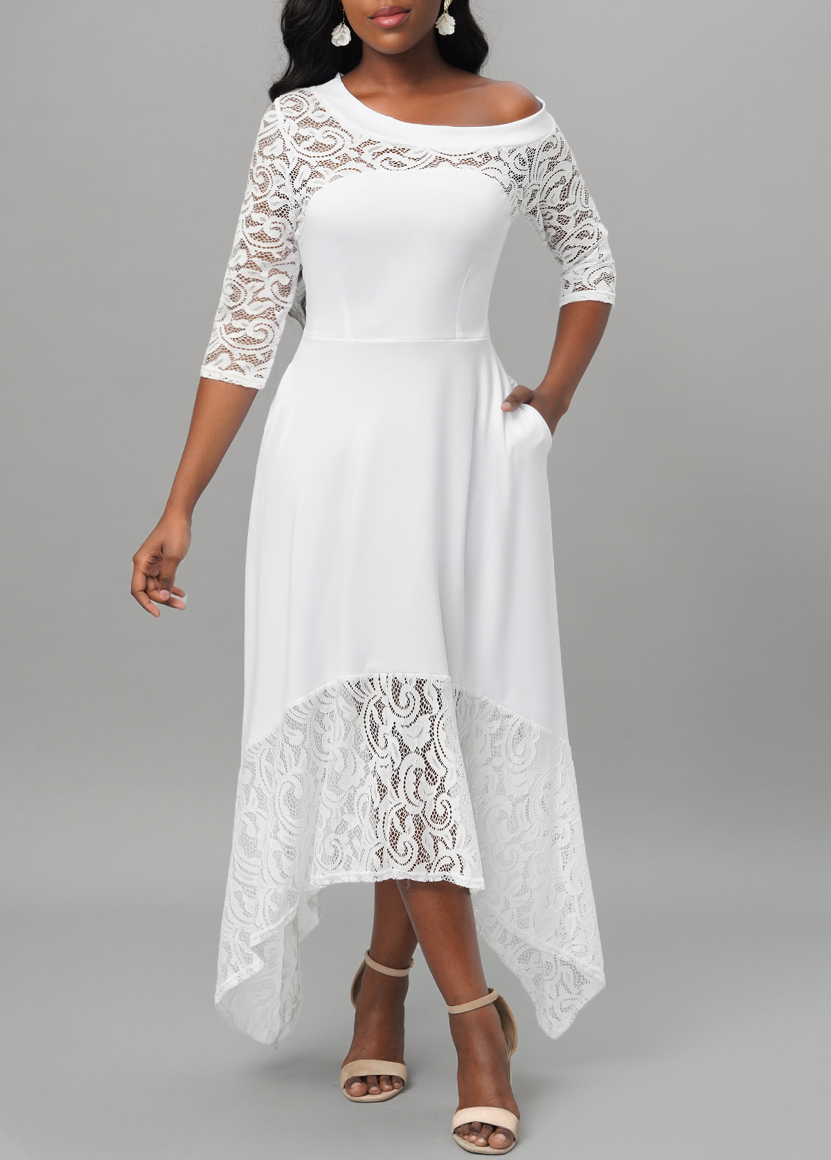 Lace Stitching White Asymmetric Hem Dress