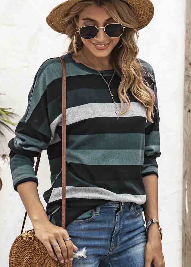 Blackish Green Striped Long Sleeve T Shirt