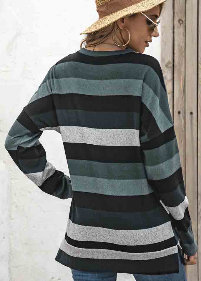 Blackish Green Striped Long Sleeve T Shirt