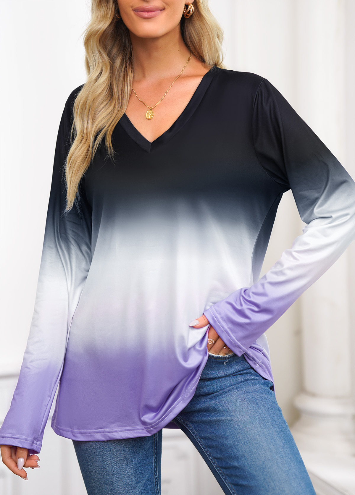 Multi Color Ombre Long Sleeve T Shirt