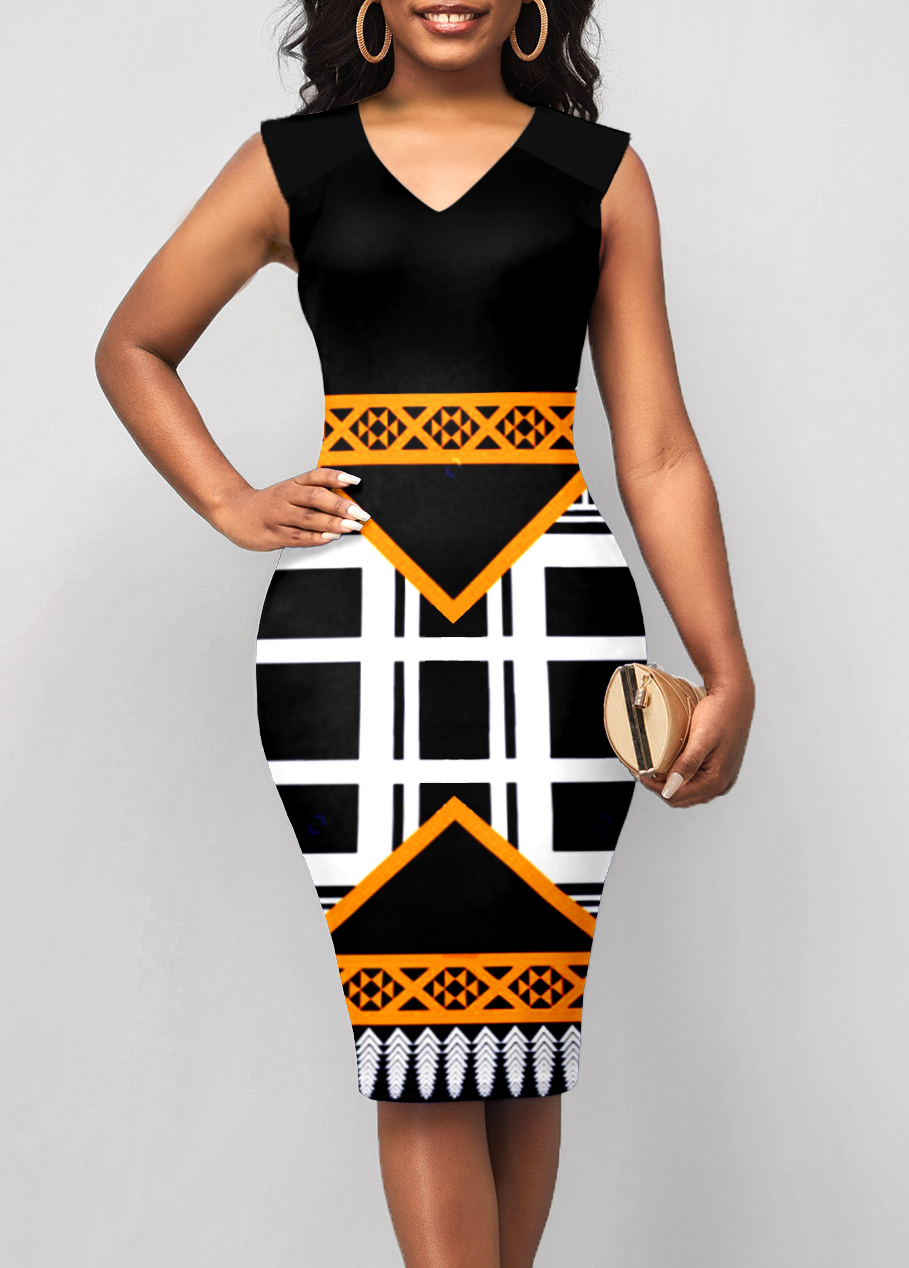 Black Geometric Print Sleeveless Bodycon Dress