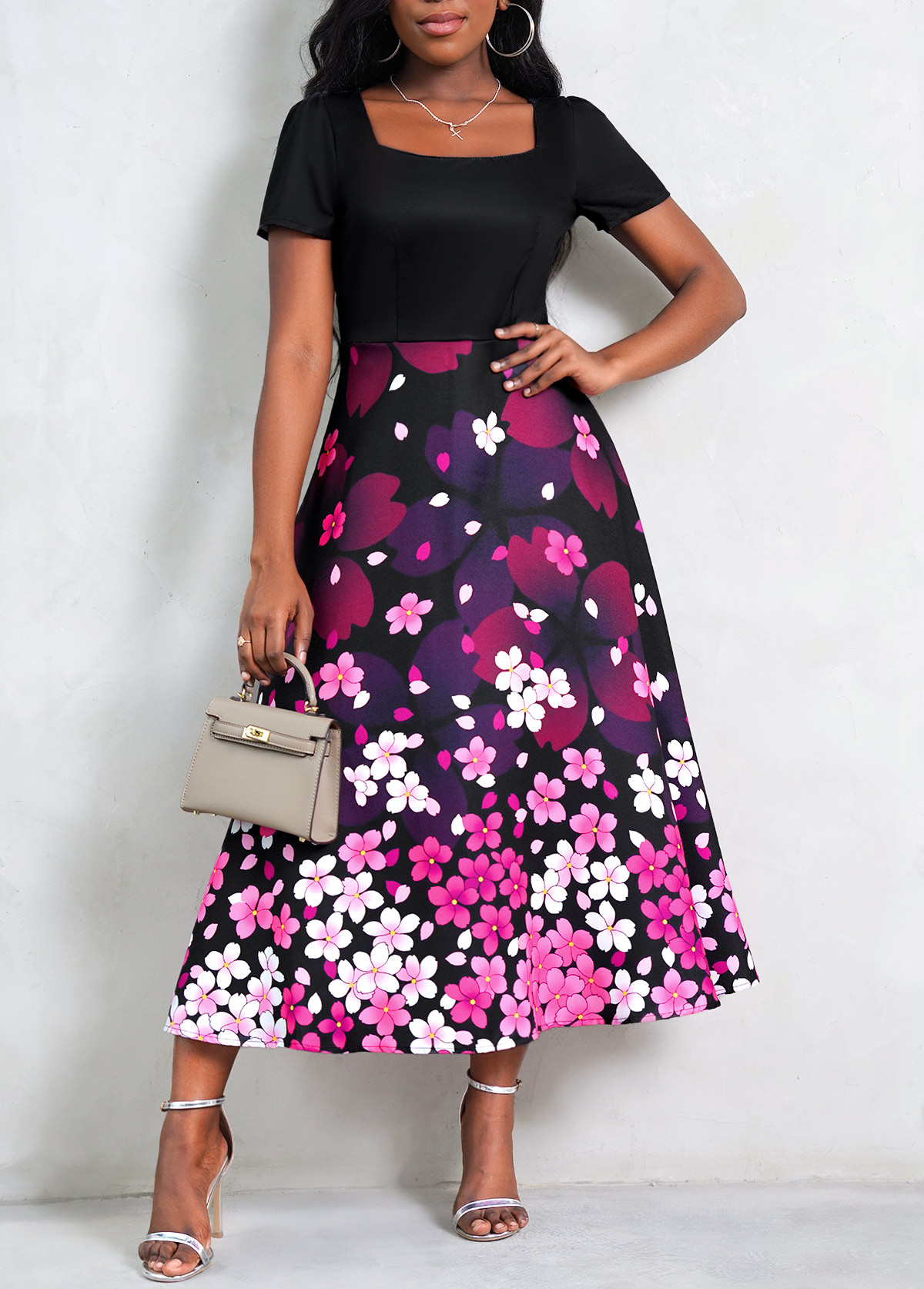 Black Square Collar Floral Print Dress