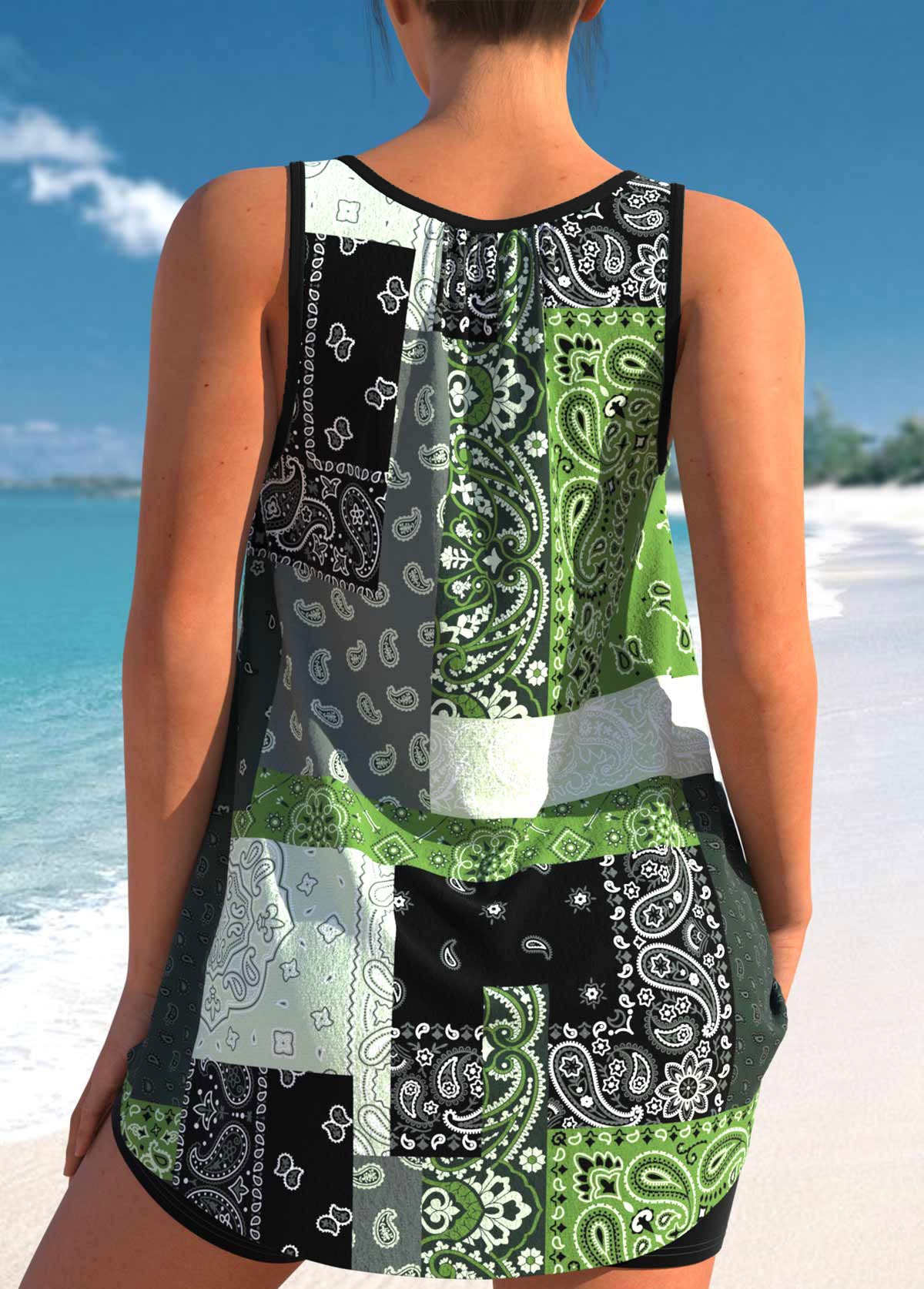 Bowknot Blackish Green Paisley Print Tankini Top-No Bottom | picture 