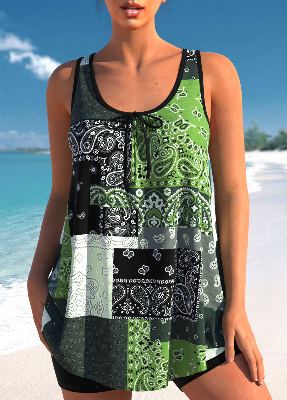 Bowknot Blackish Green Paisley Print Tankini Top-No Bottom | picture 