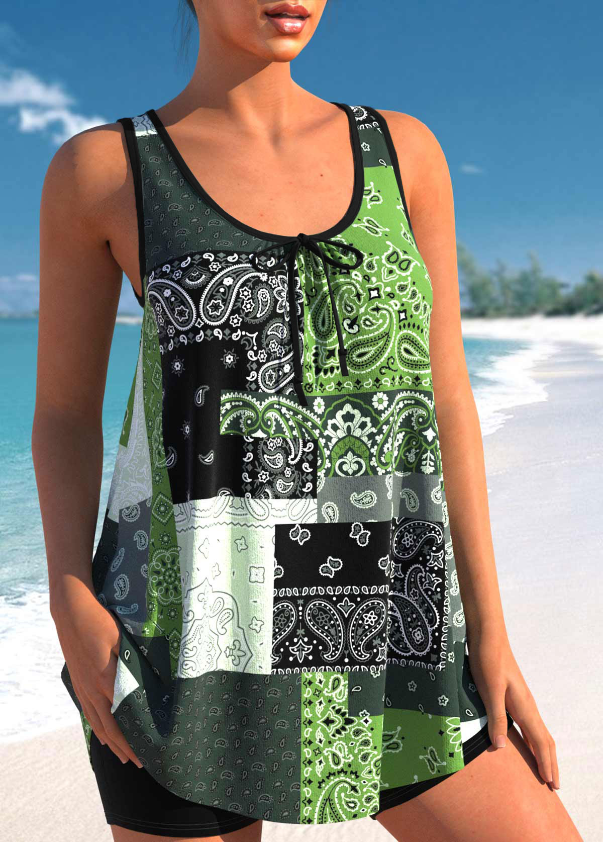 Bowknot Blackish Green Paisley Print Tankini Top-No Bottom | picture 