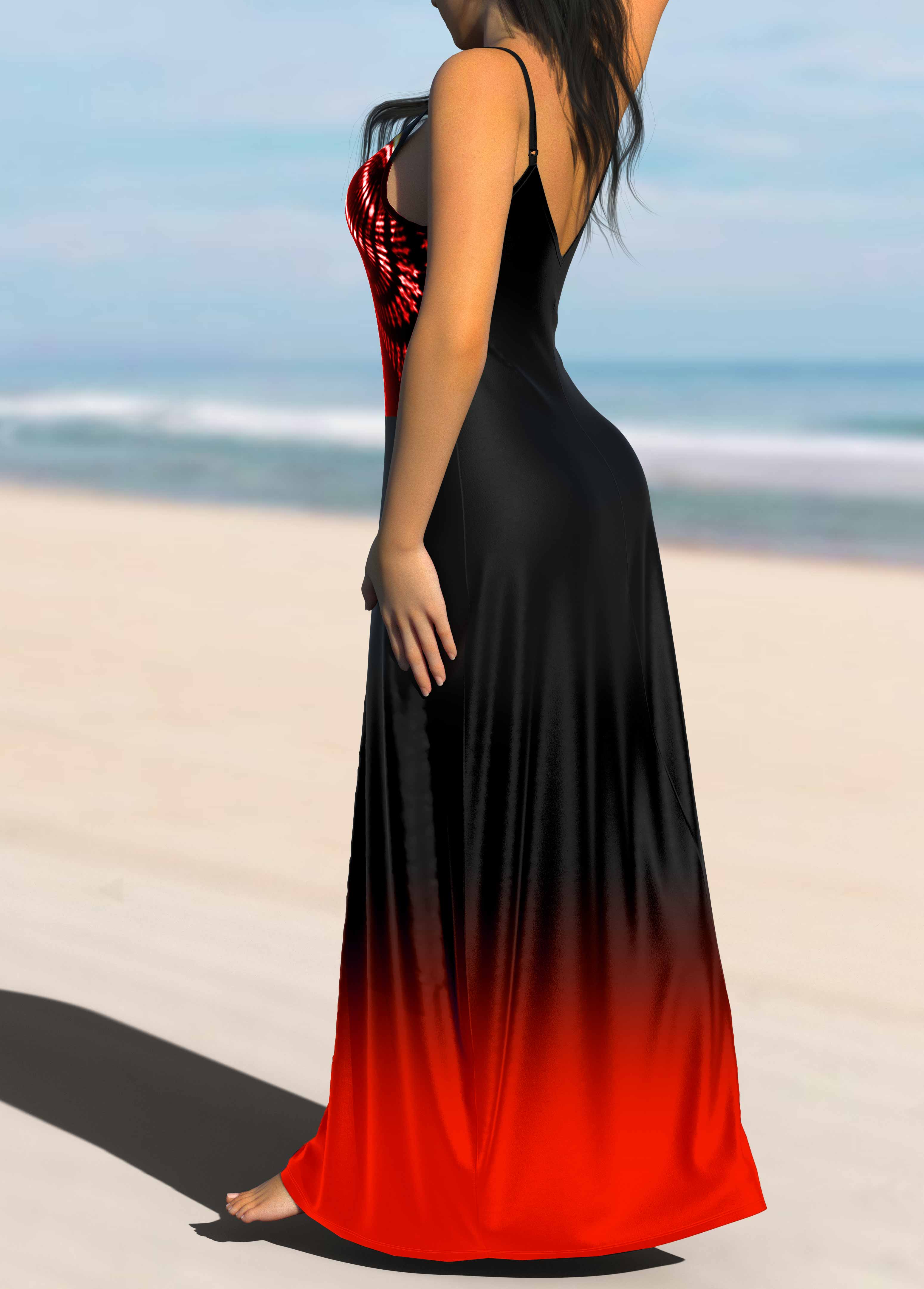 Red Tribal Print Ombre Strappy Maxi Dress