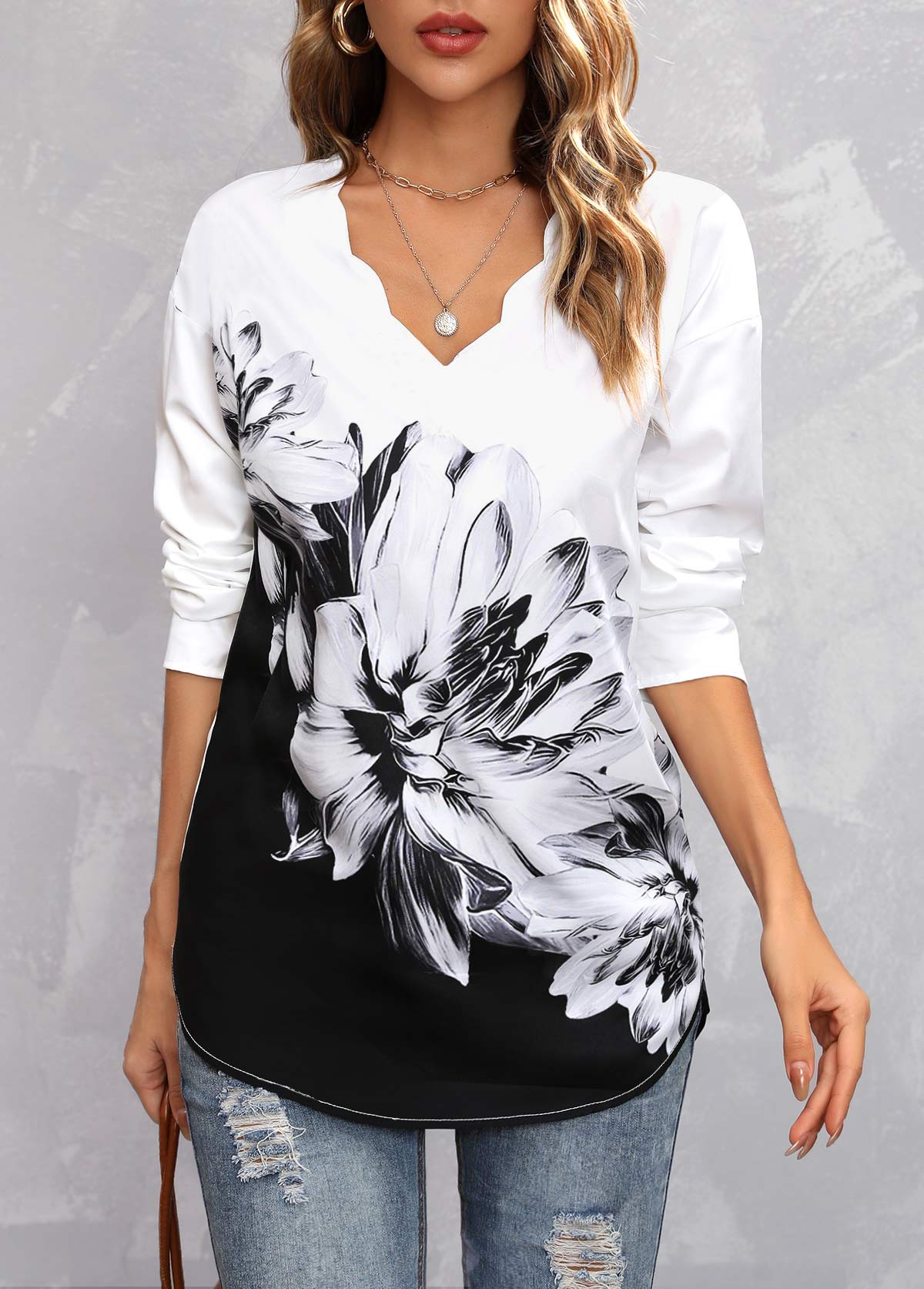 Black Floral Print Long Sleeve Blouse | modlily.com - USD 19.98