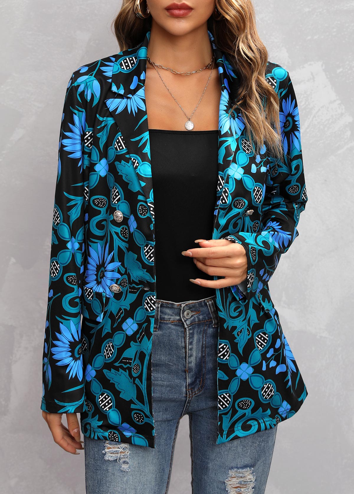 Blue Decorative Button Floral Print Long Sleeve Blazer