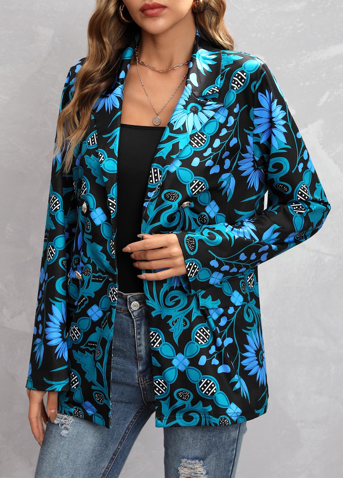 Blue Decorative Button Floral Print Long Sleeve Blazer