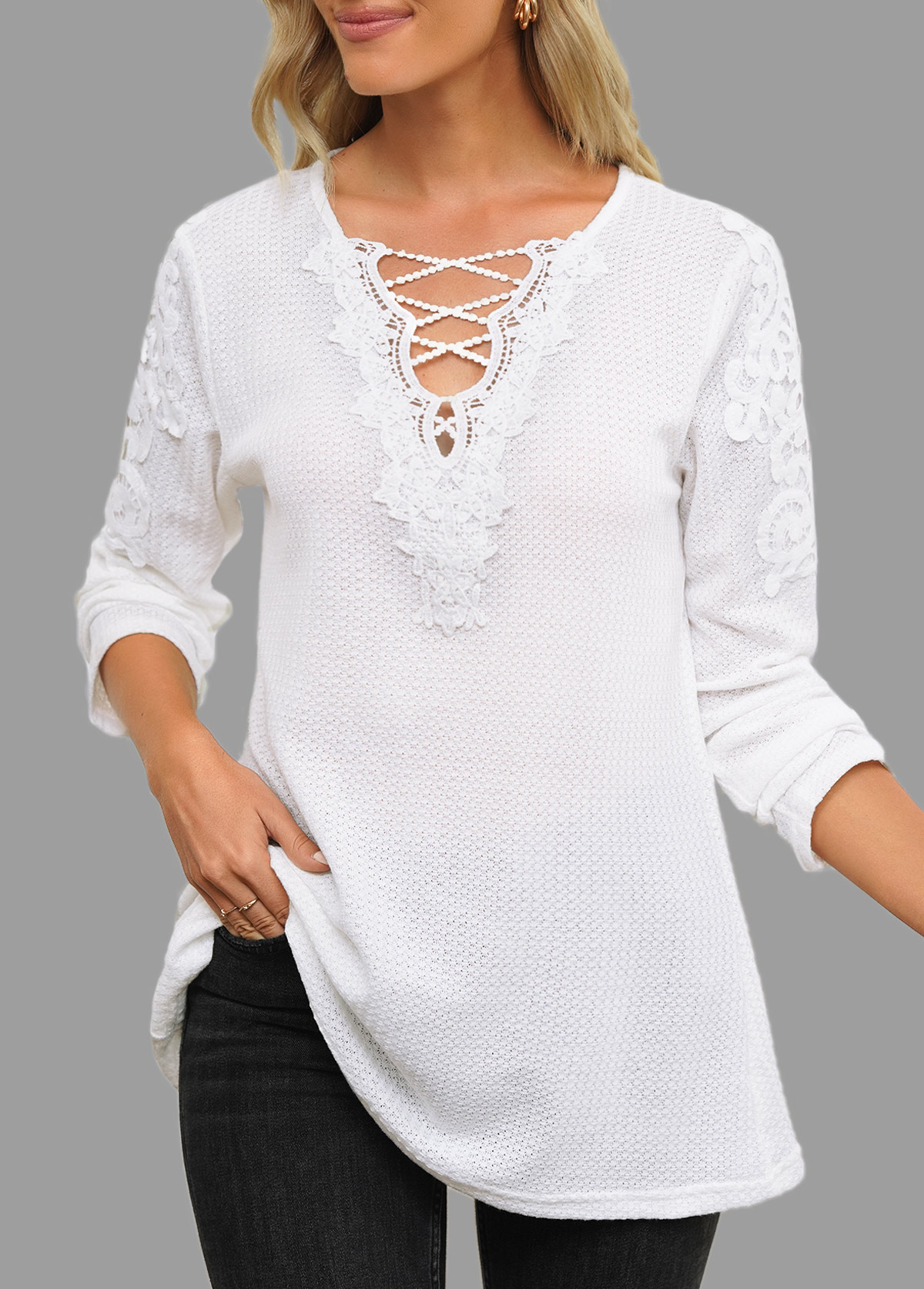 White Lace Patchwork Long Sleeve T Shirt