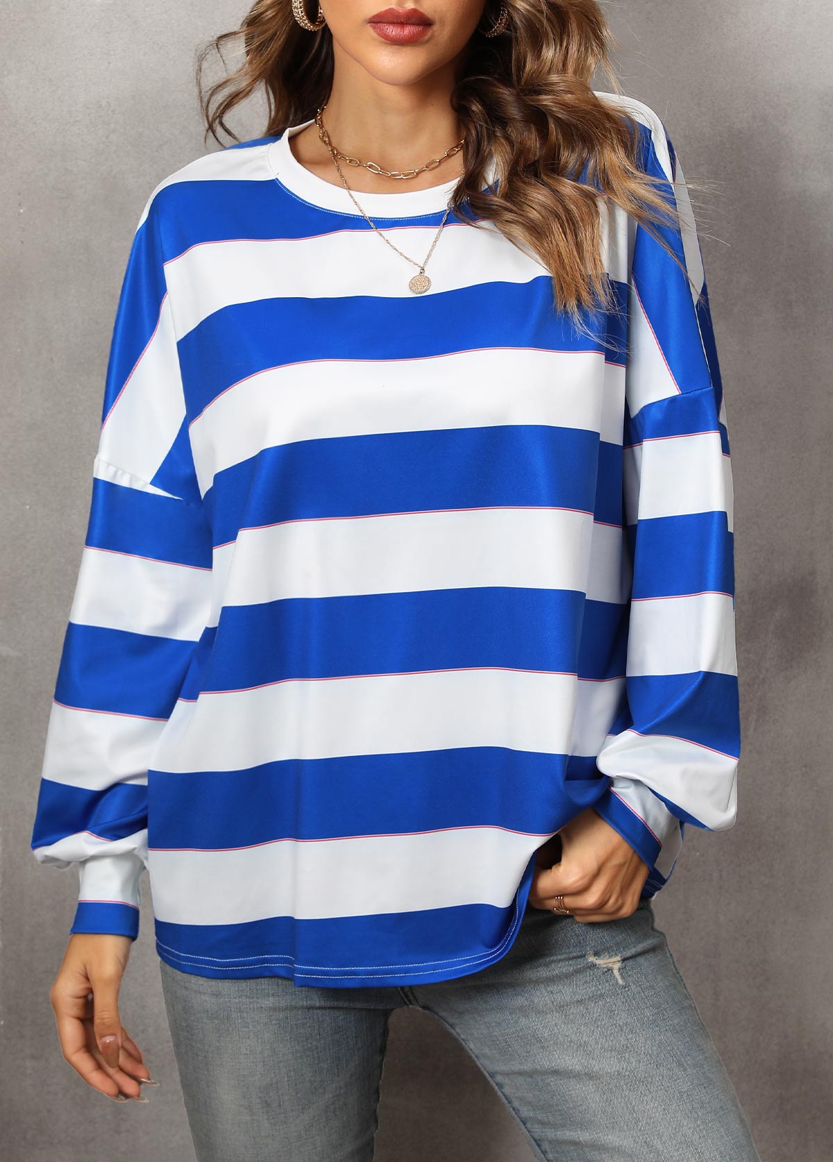 Blue Striped Long Sleeve Round Neck Sweatshirt