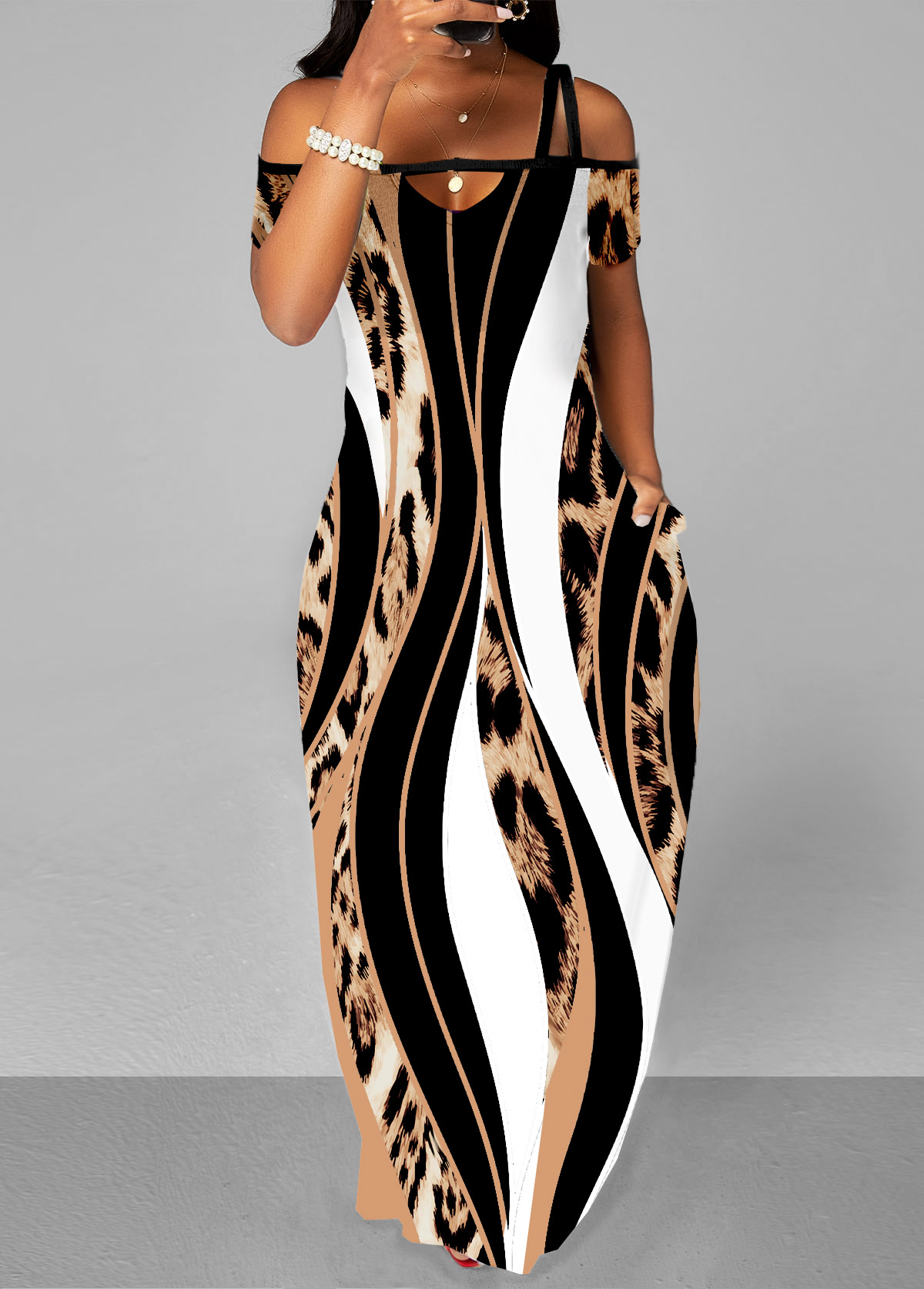 Pocket Sleeveless Leopard Multi Color Maxi Dress