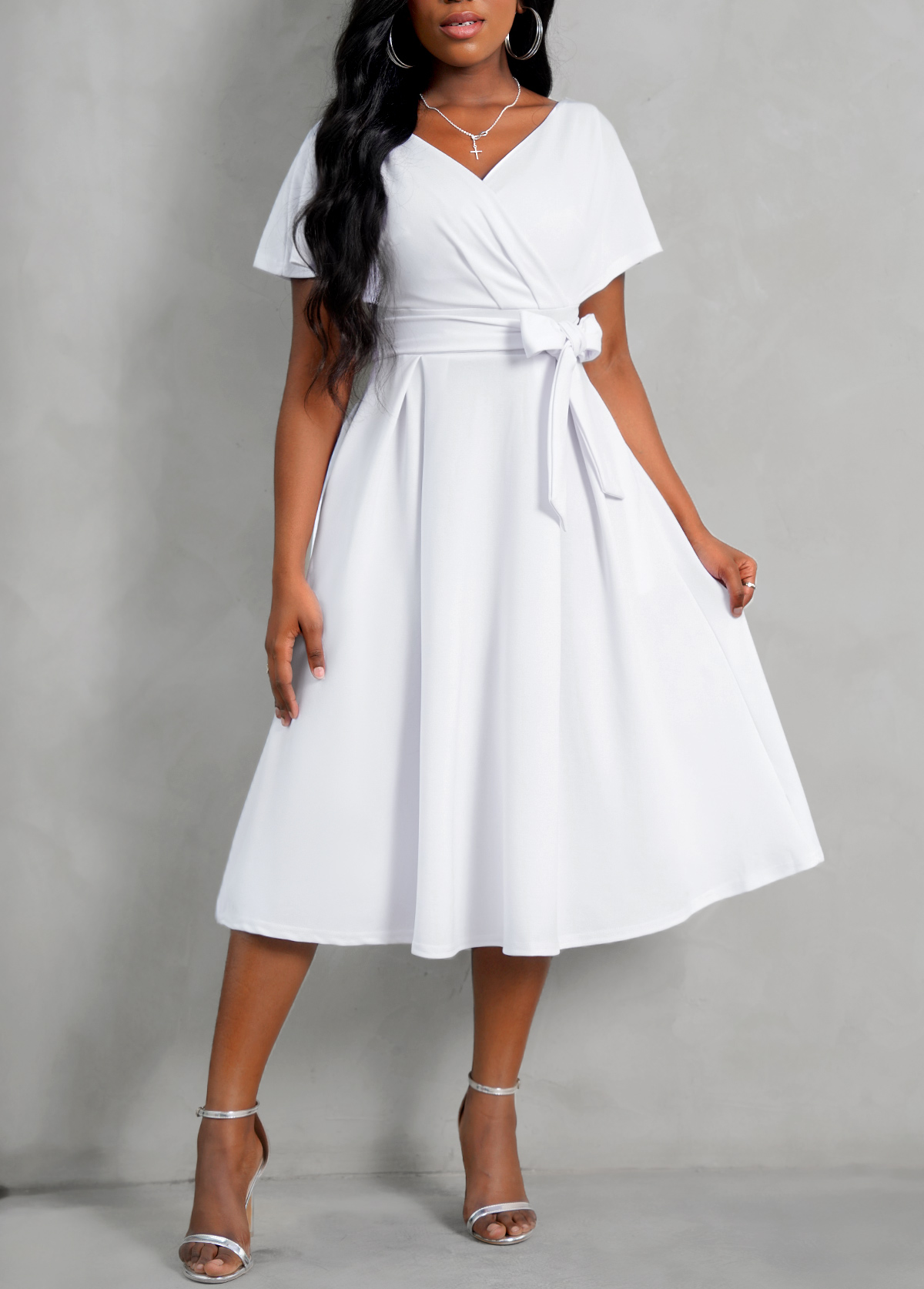 Belted White Cross Front Short Sleeve Dress