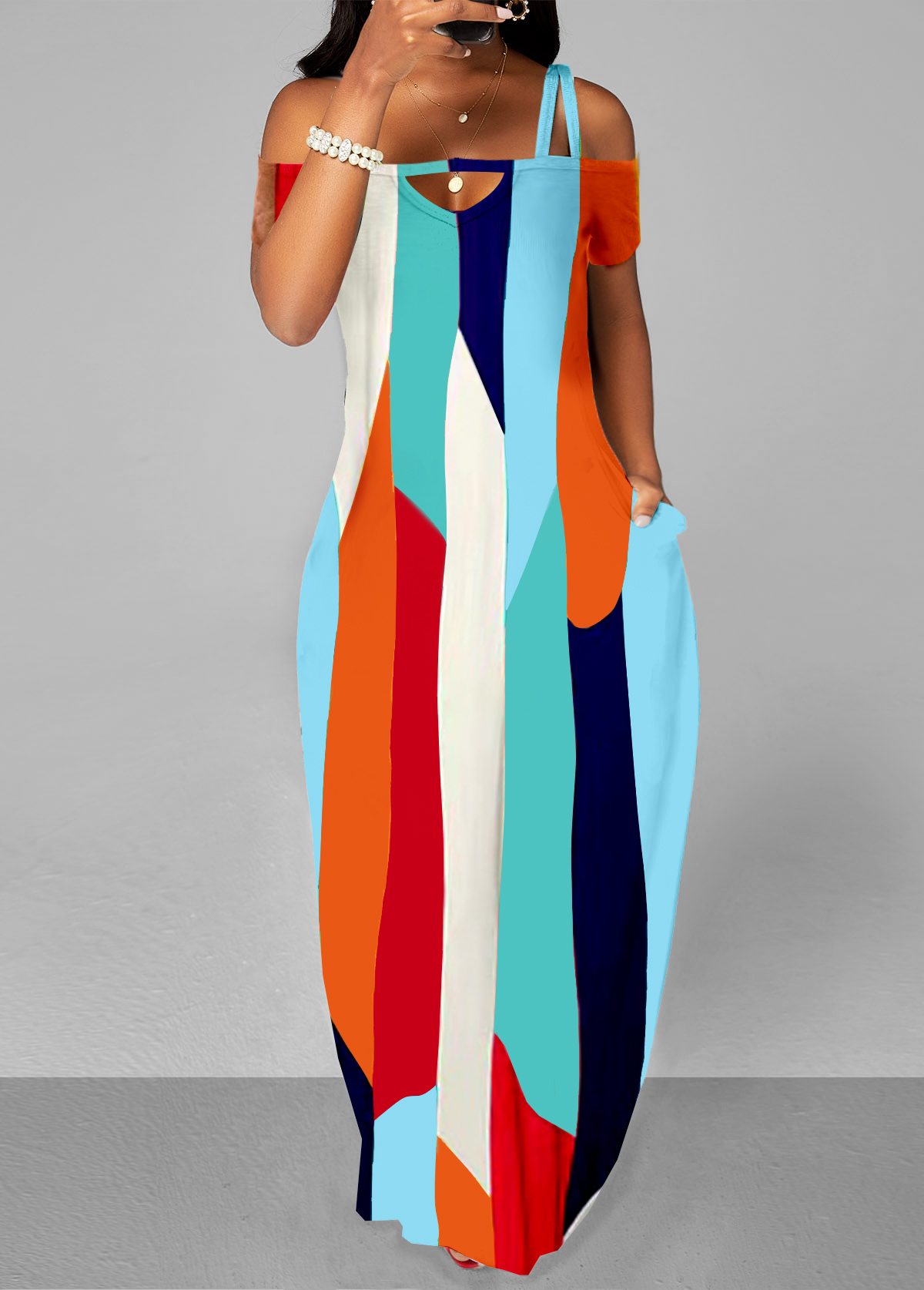 Double Straps Multi Color Short Sleeve Maxi Dress