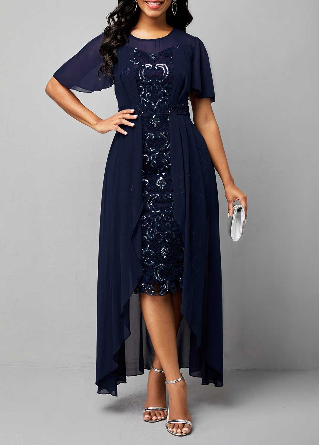 Chiffon Sequin Embroidered Round Neck Dress