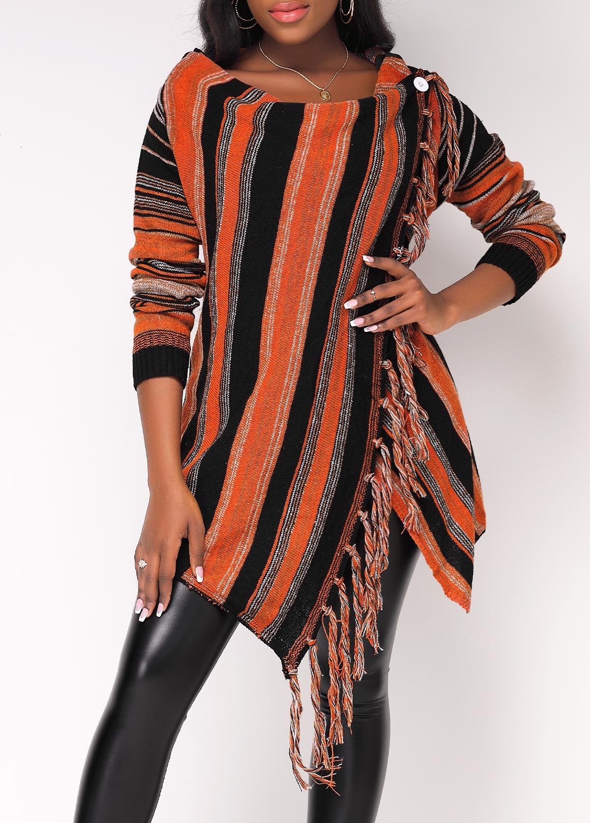 Striped Orange Front Slit Hem Tassel Sweater
