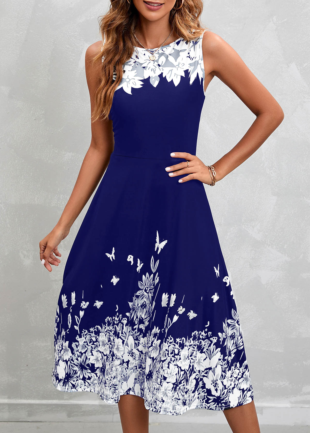 Navy Floral Print Sleeveless High Waist Dress