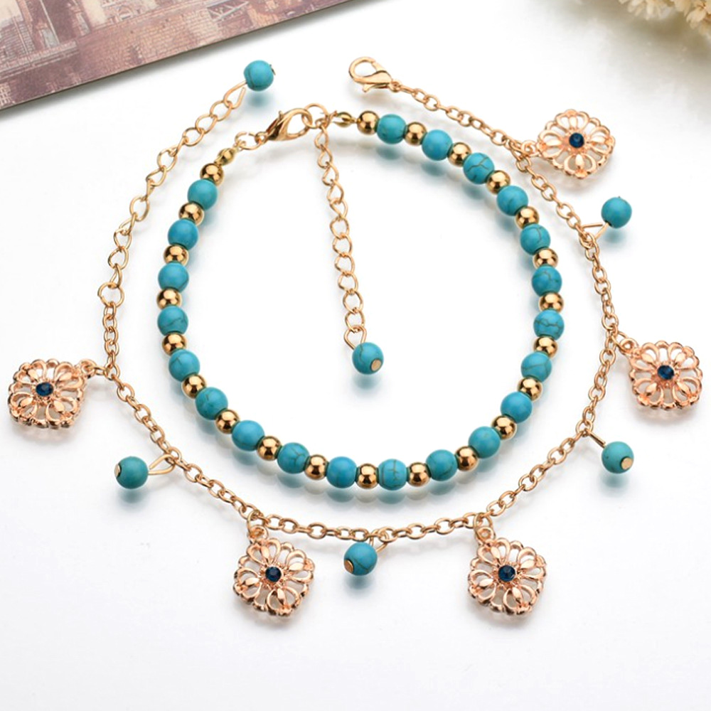 Turquoise Beads Design Metal Detail Anklet Set
