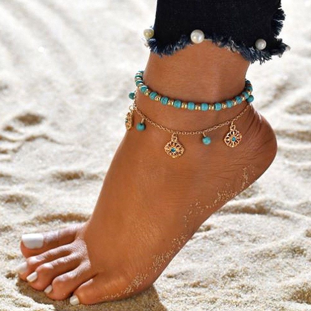 Turquoise Beads Design Metal Detail Anklet Set