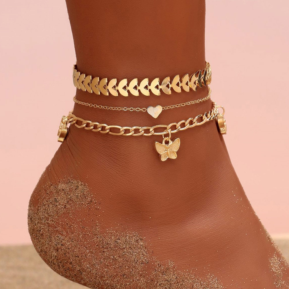 Butterfly Pendant Gold Metal Detail Anklet Set