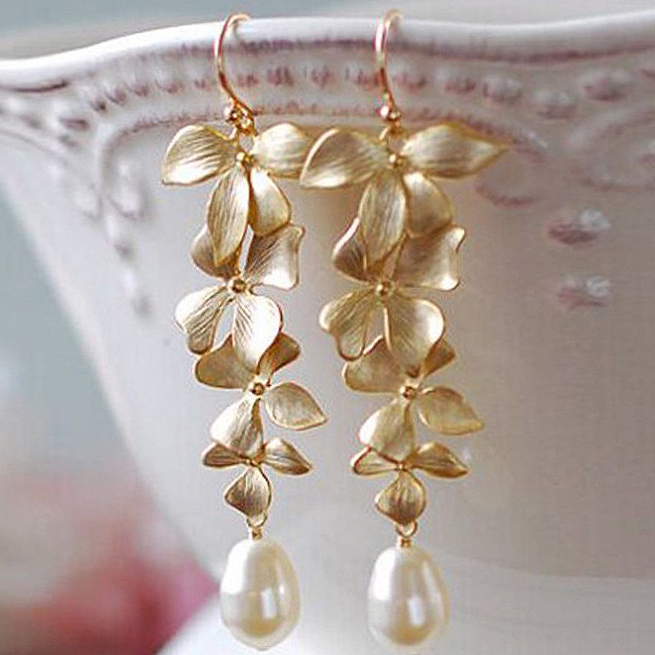 Flower Design Gold Pearl Detail Earrings