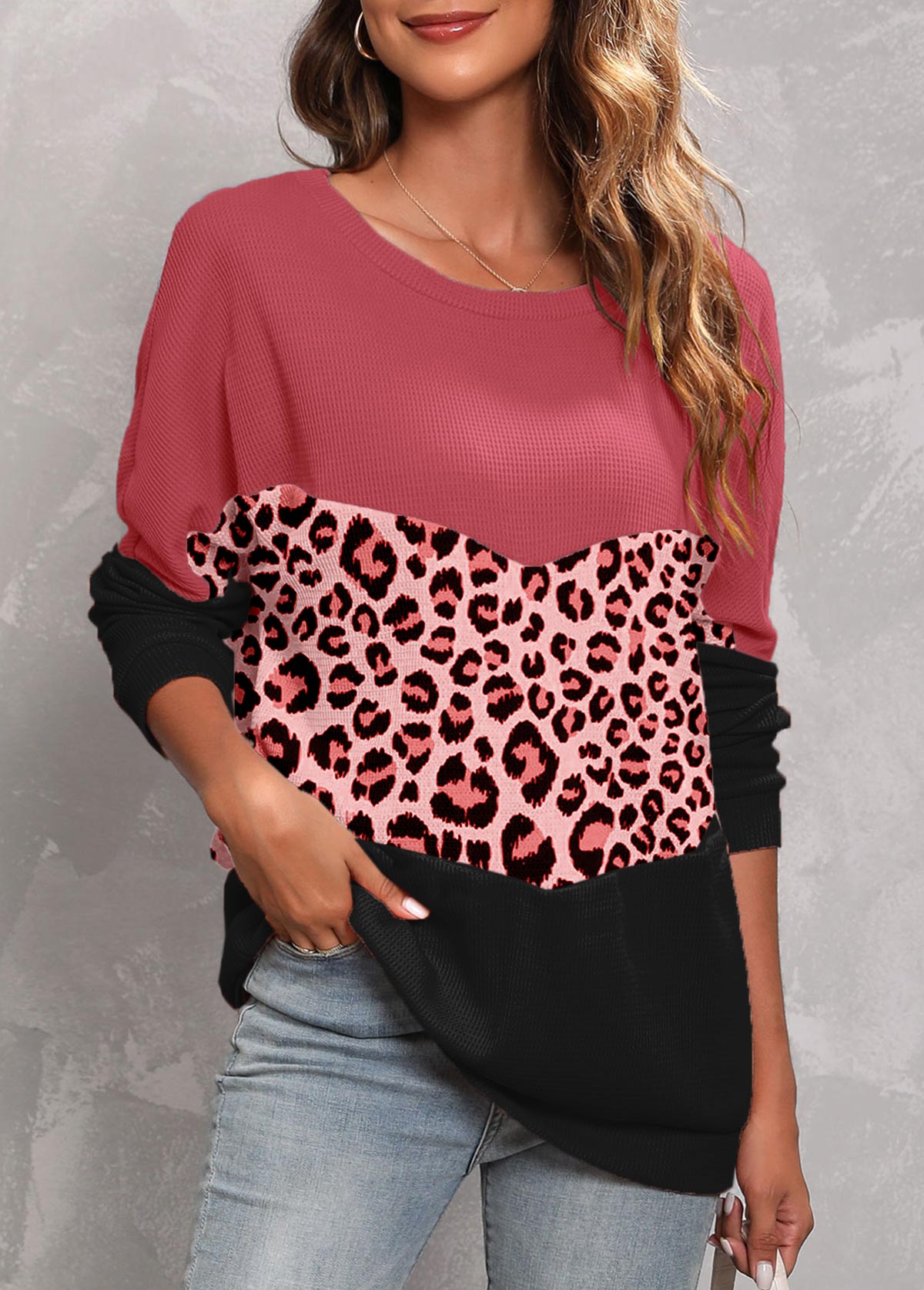 Dusty Pink Leopard Round Neck Sweatshirt