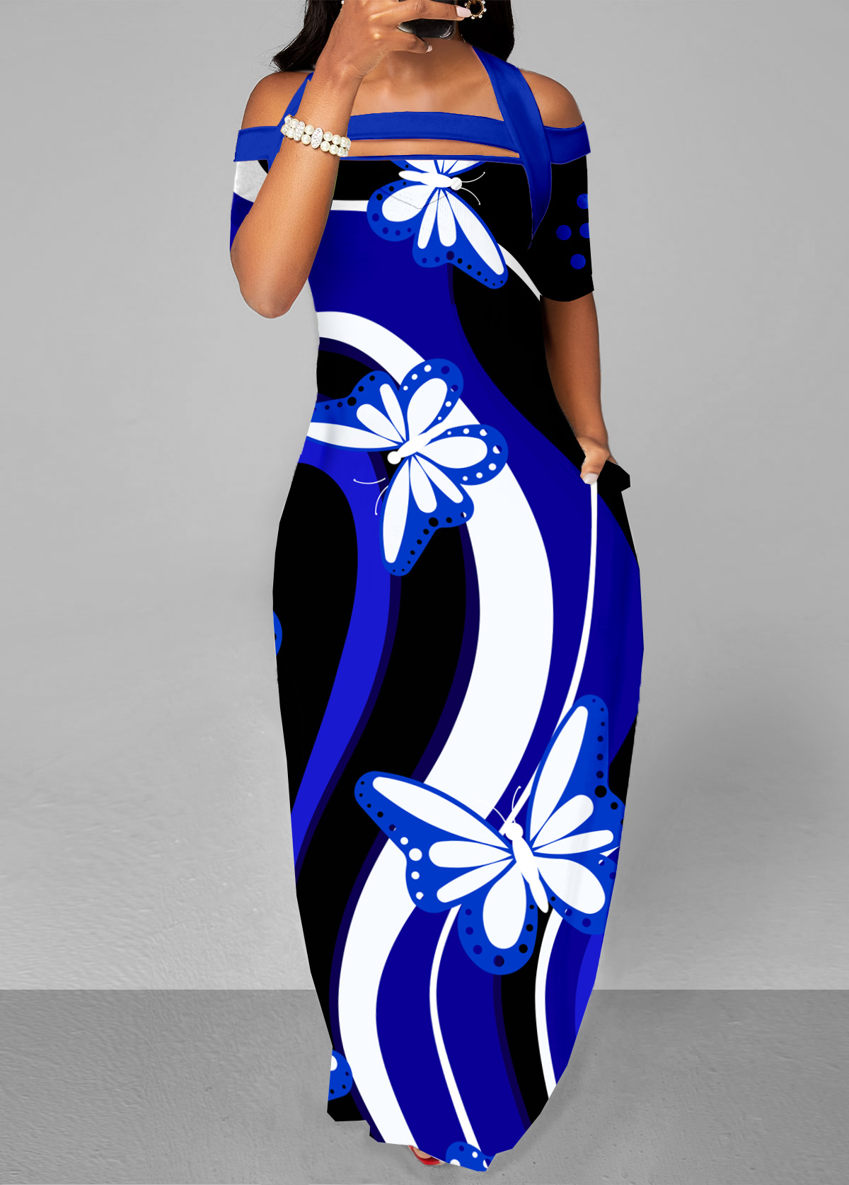 Royal Blue Double Side Pockets Butterfly Print Dress