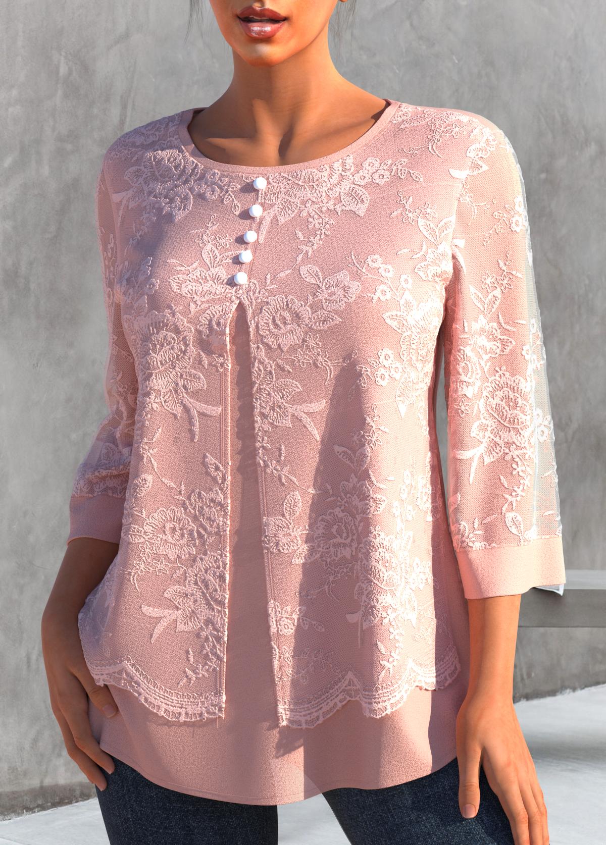 Light Pink Lace Stitching Faux Two Piece Blouse