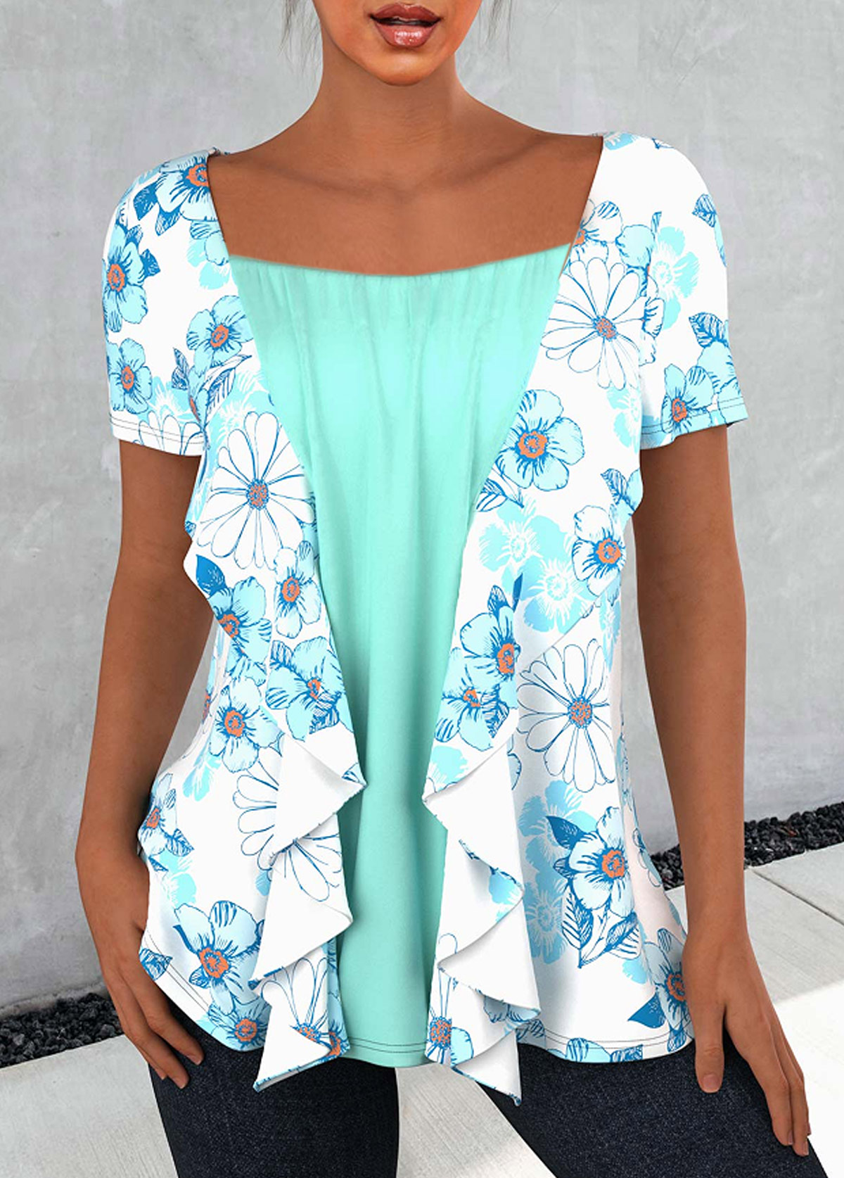 Modlily Floral Print Flounce Mint Green T Shirt  M