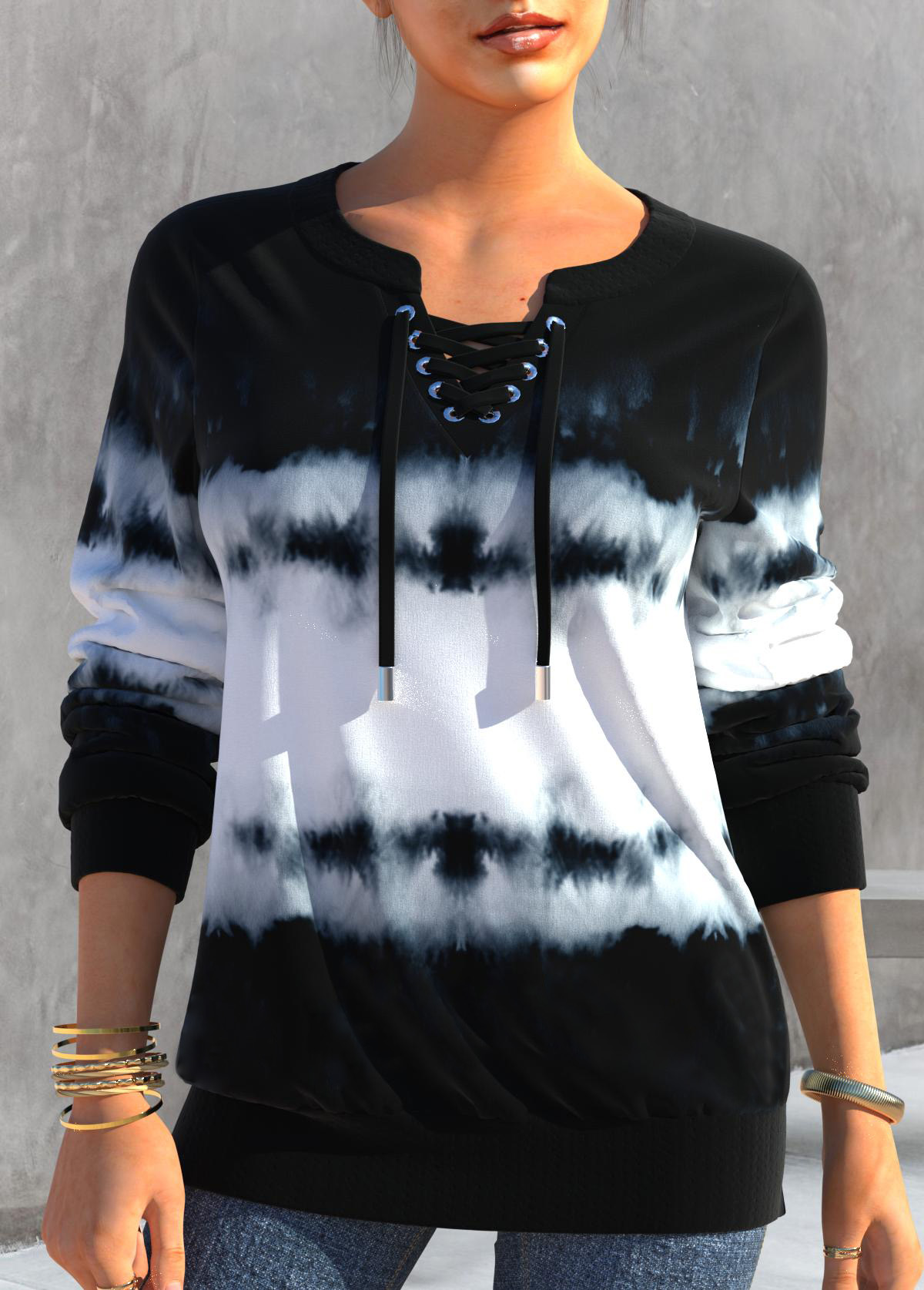 Split Neck Tie Dye Print Black Sweatshirt