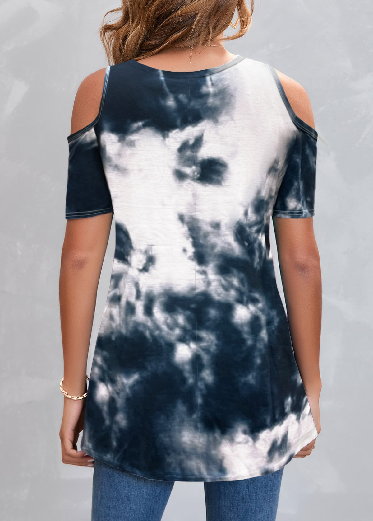 Tie Dye Print Cold Shoulder Navy T Shirt | picture 