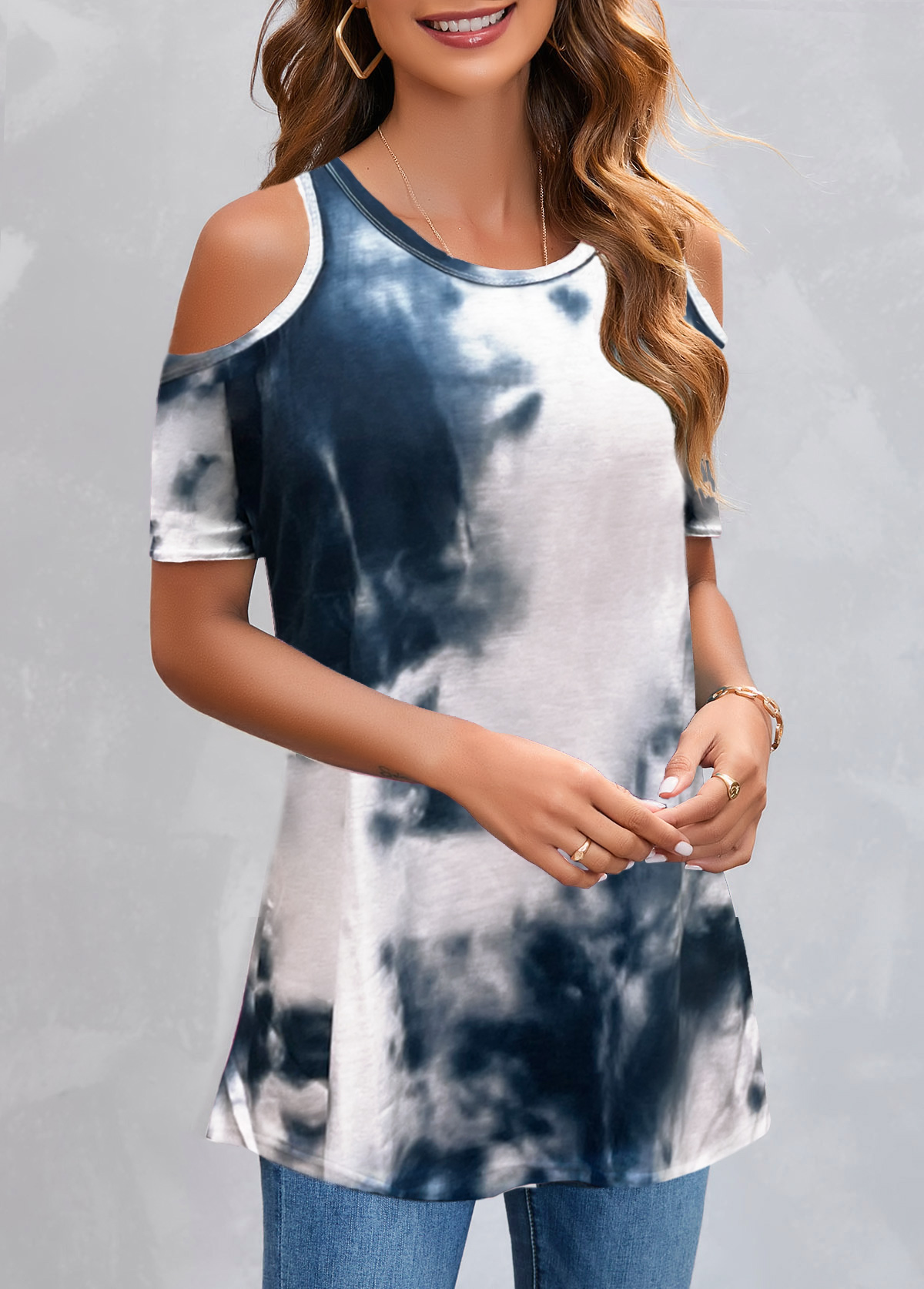 Tie Dye Print Cold Shoulder Navy T Shirt | picture 