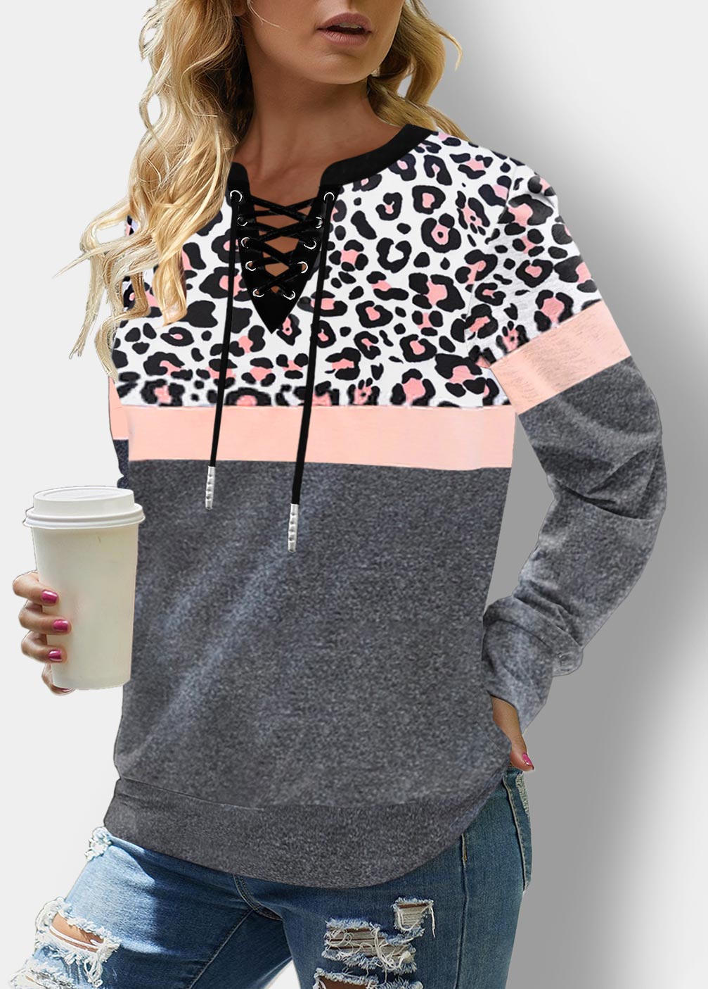 Grey Leopard Long Sleeve Lace Up Sweatshirt