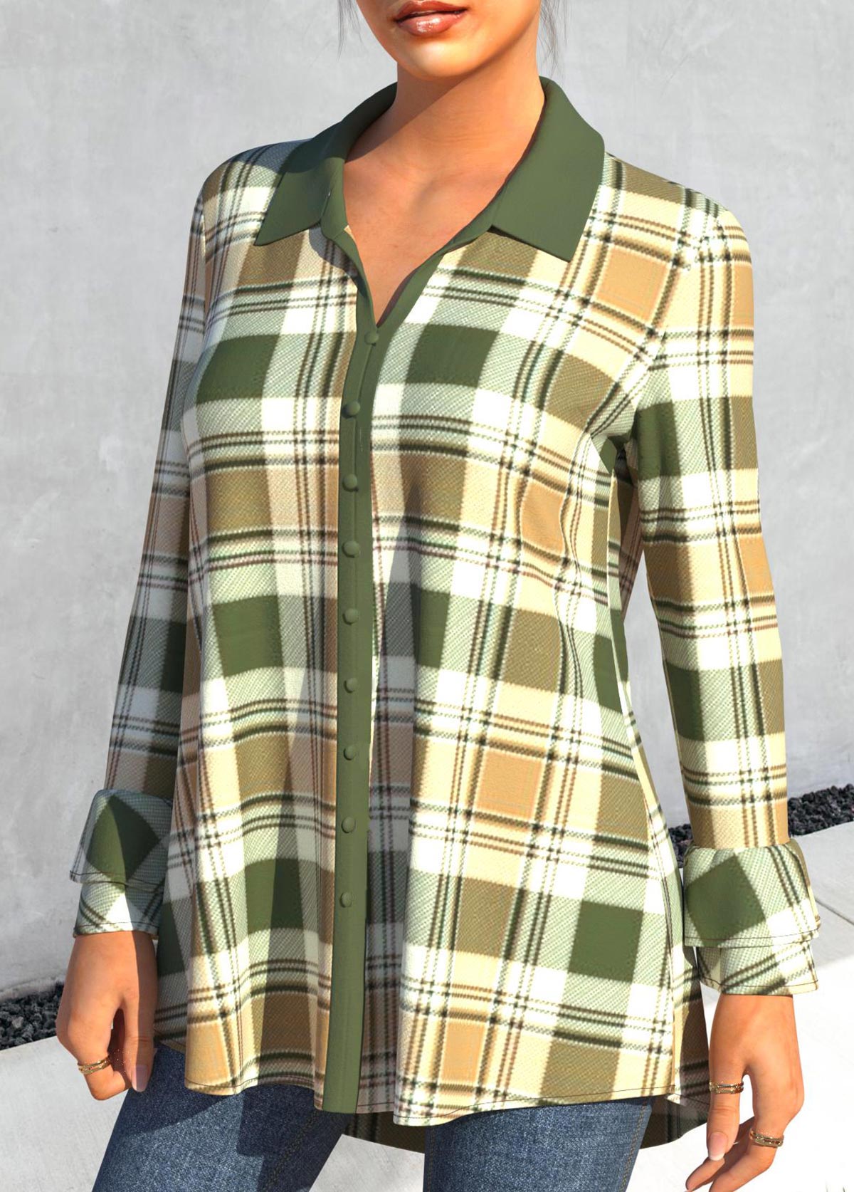 Plaid Turndown Collar Green Long Sleeve Blouse | picture 