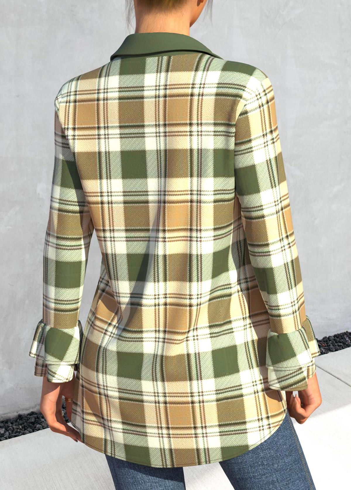 Plaid Turndown Collar Green Long Sleeve Blouse | picture 