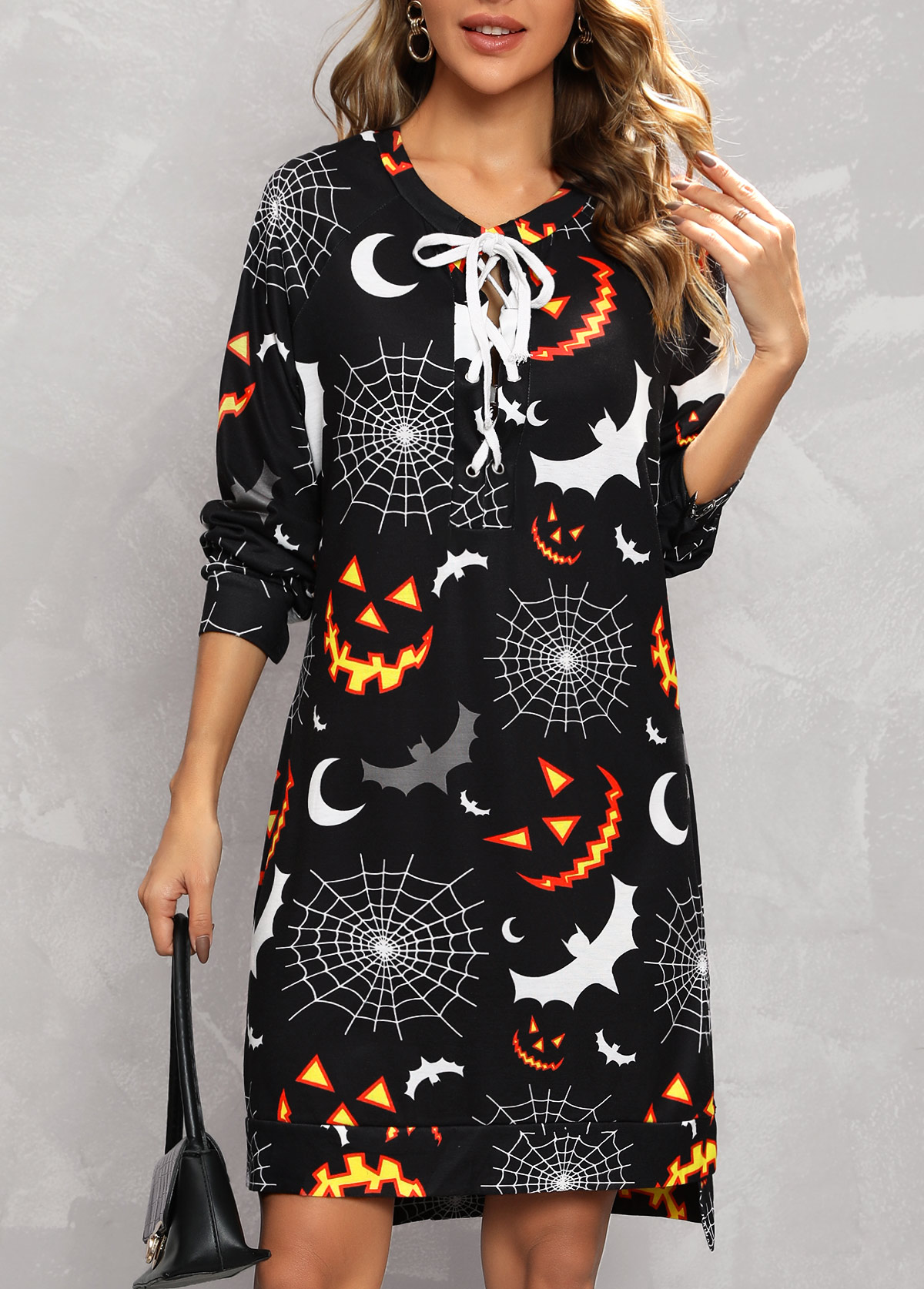 Black Drawstring Closure Halloween Print Short Dress