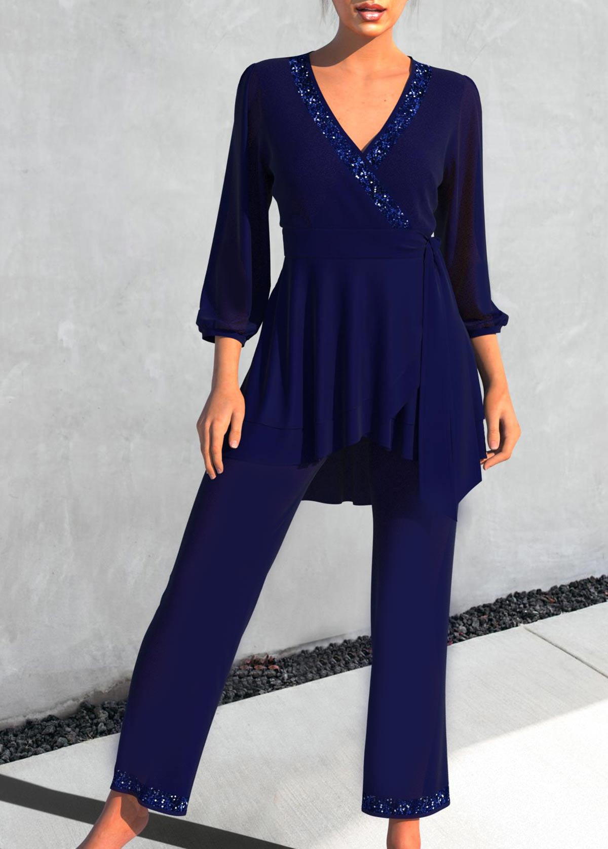 Navy Sequin Chiffon Top and Pants