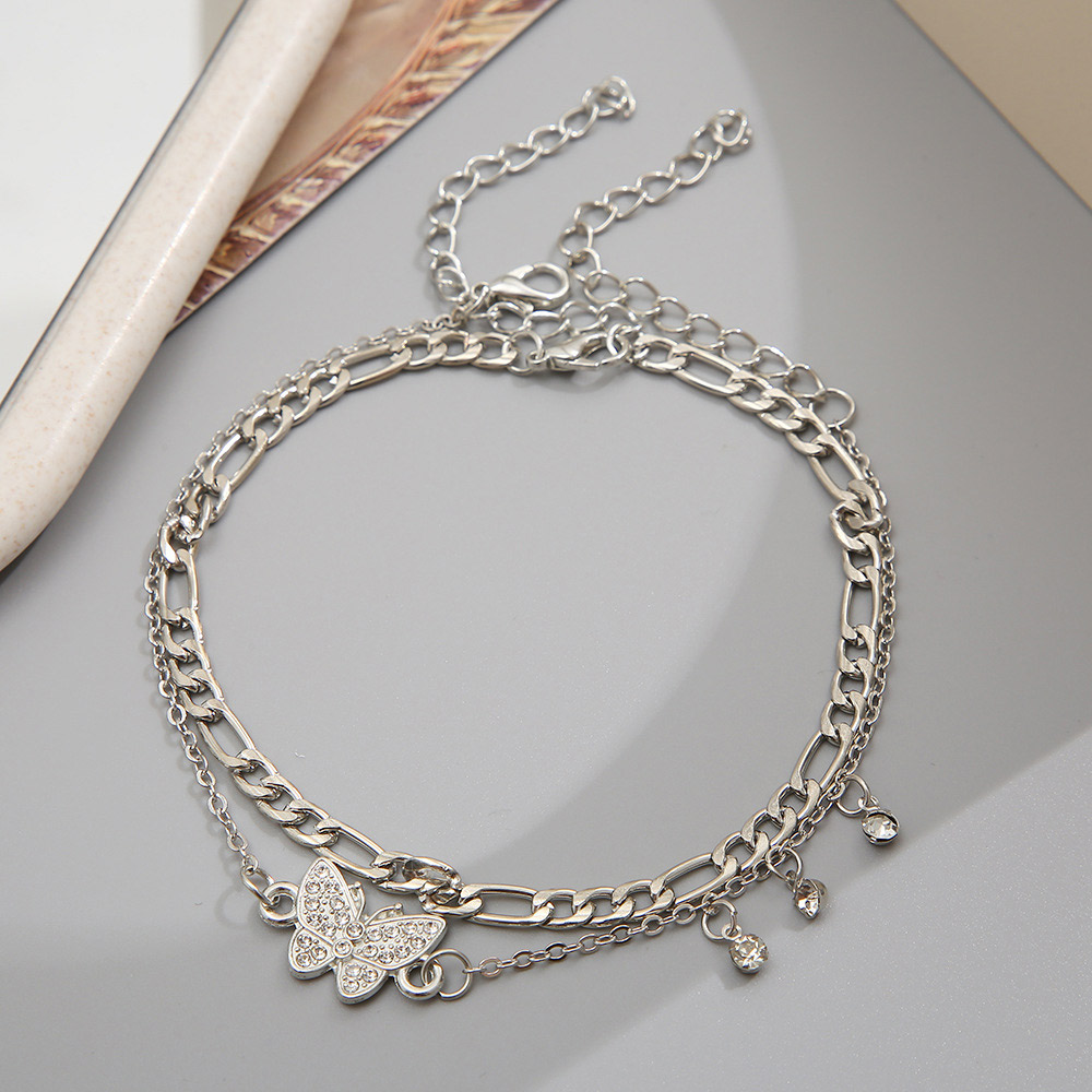 Silvery White Butterfly Rhinestone Anklet Set