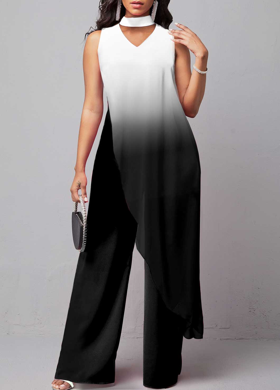 White Ombre Sleeveless Stand Collar Jumpsuit
