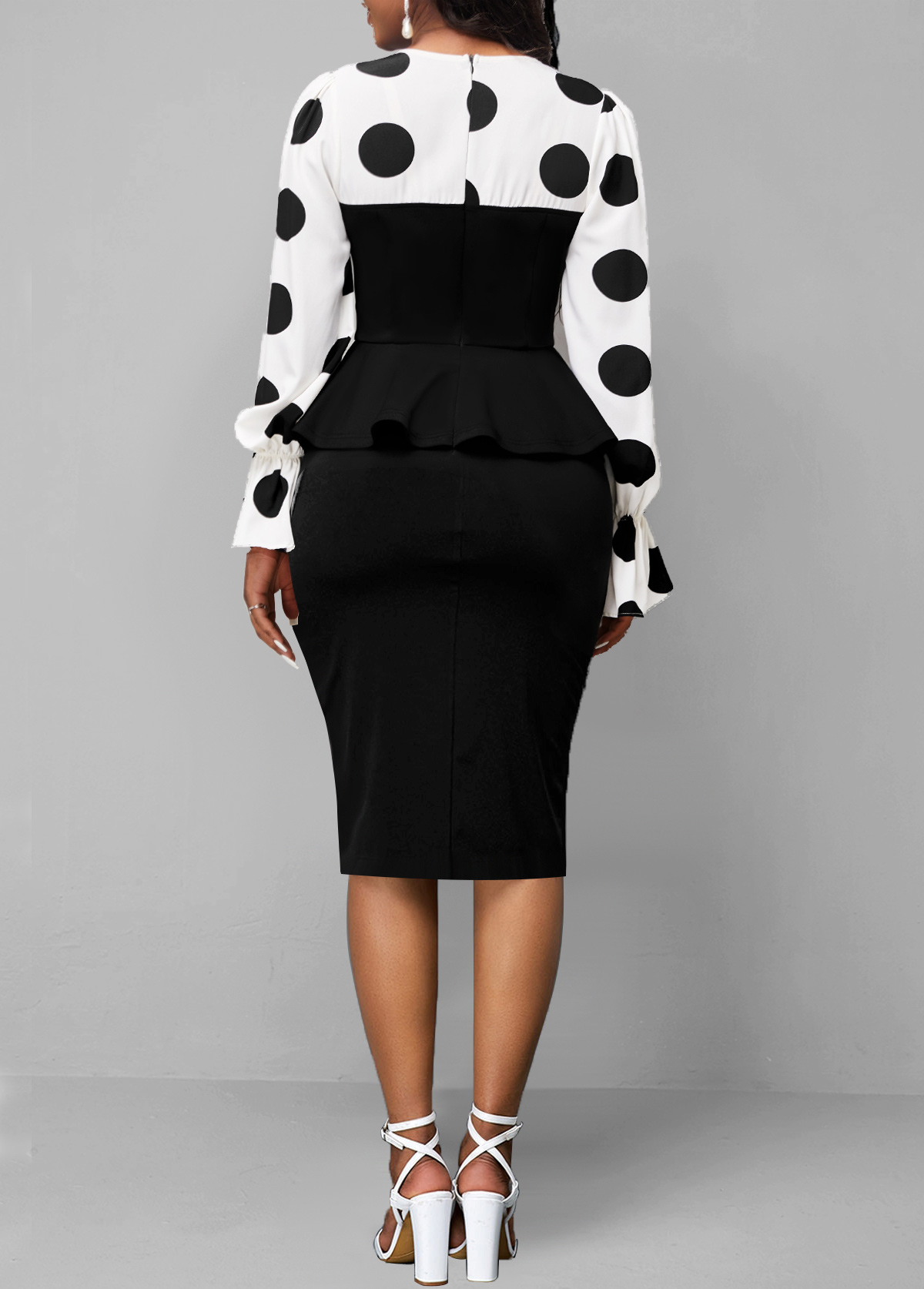Polka Dot Black Contrast Flare Cuff Dress