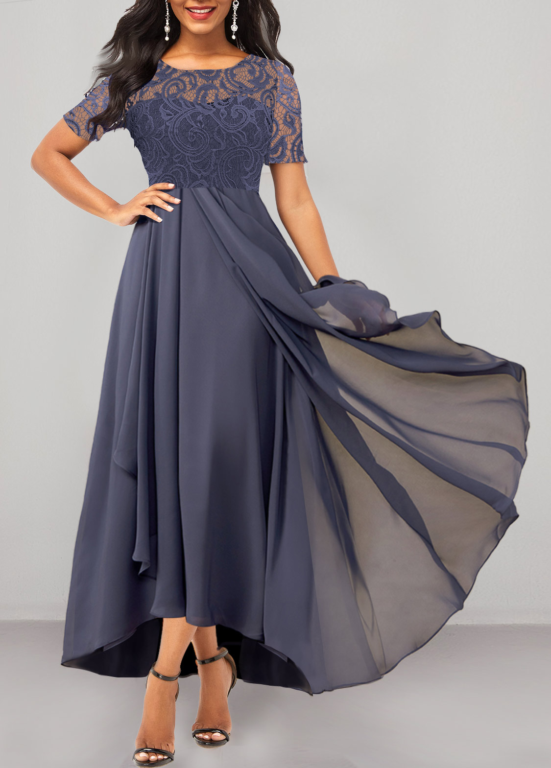 Dusty Purple Lace Stitching Asymmetric Hem Dress