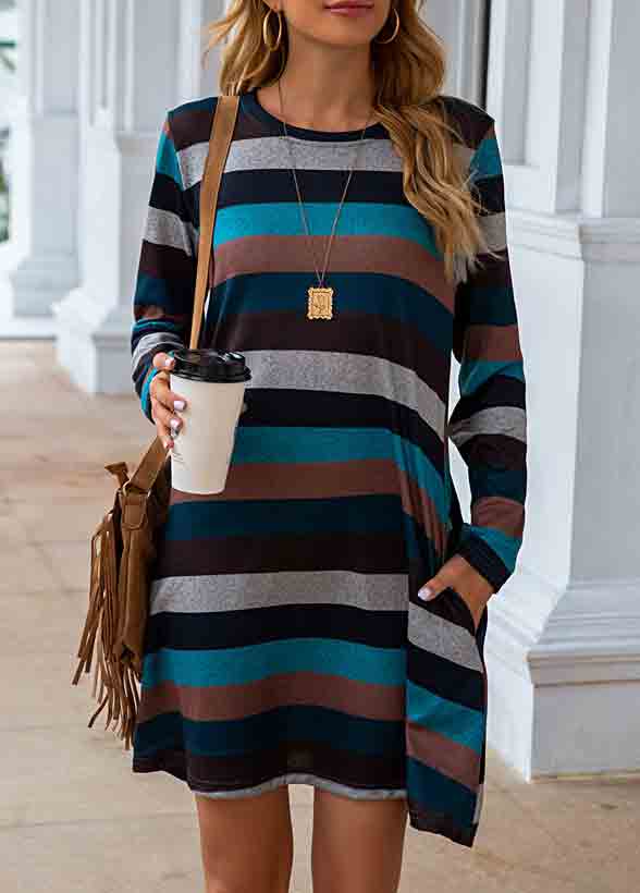 Multi Color Striped Pocket Long Sleeve Dress