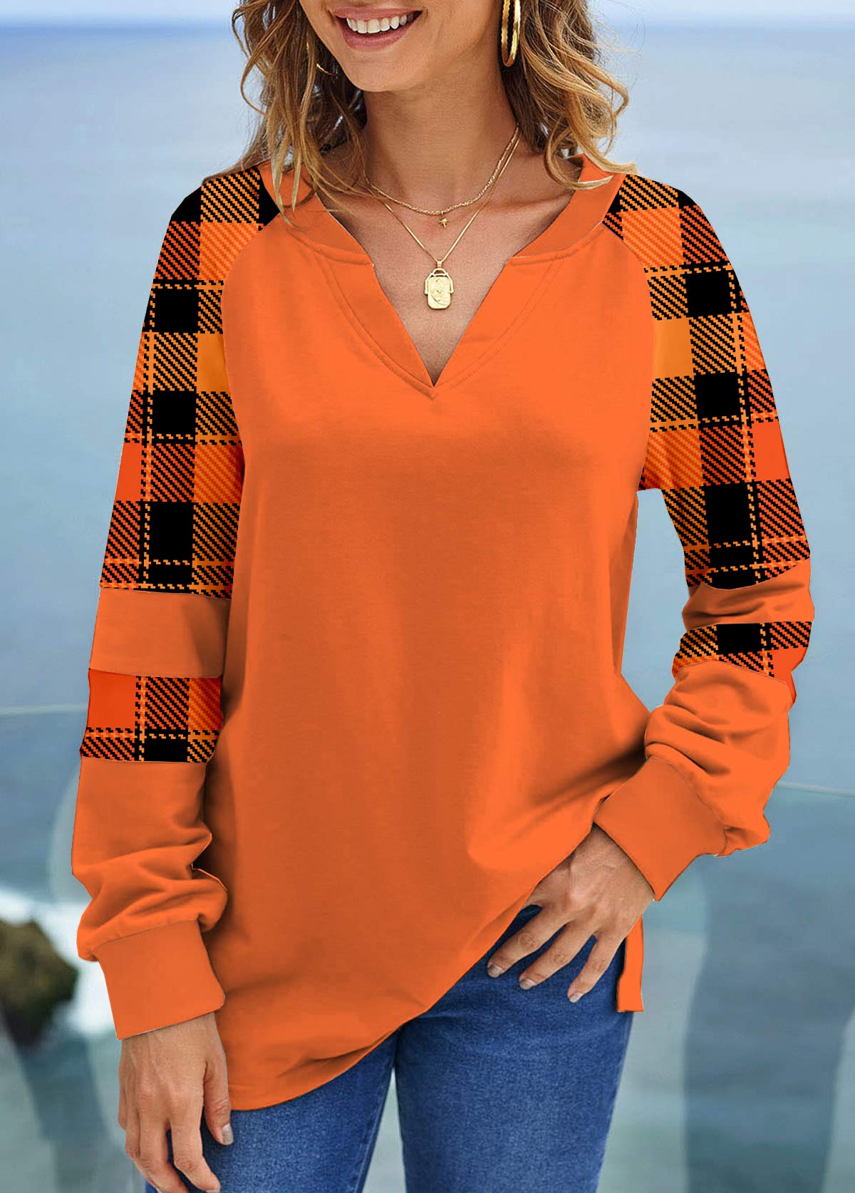 Orange Tartan Print Long Sleeve Halloween Sweatshirt