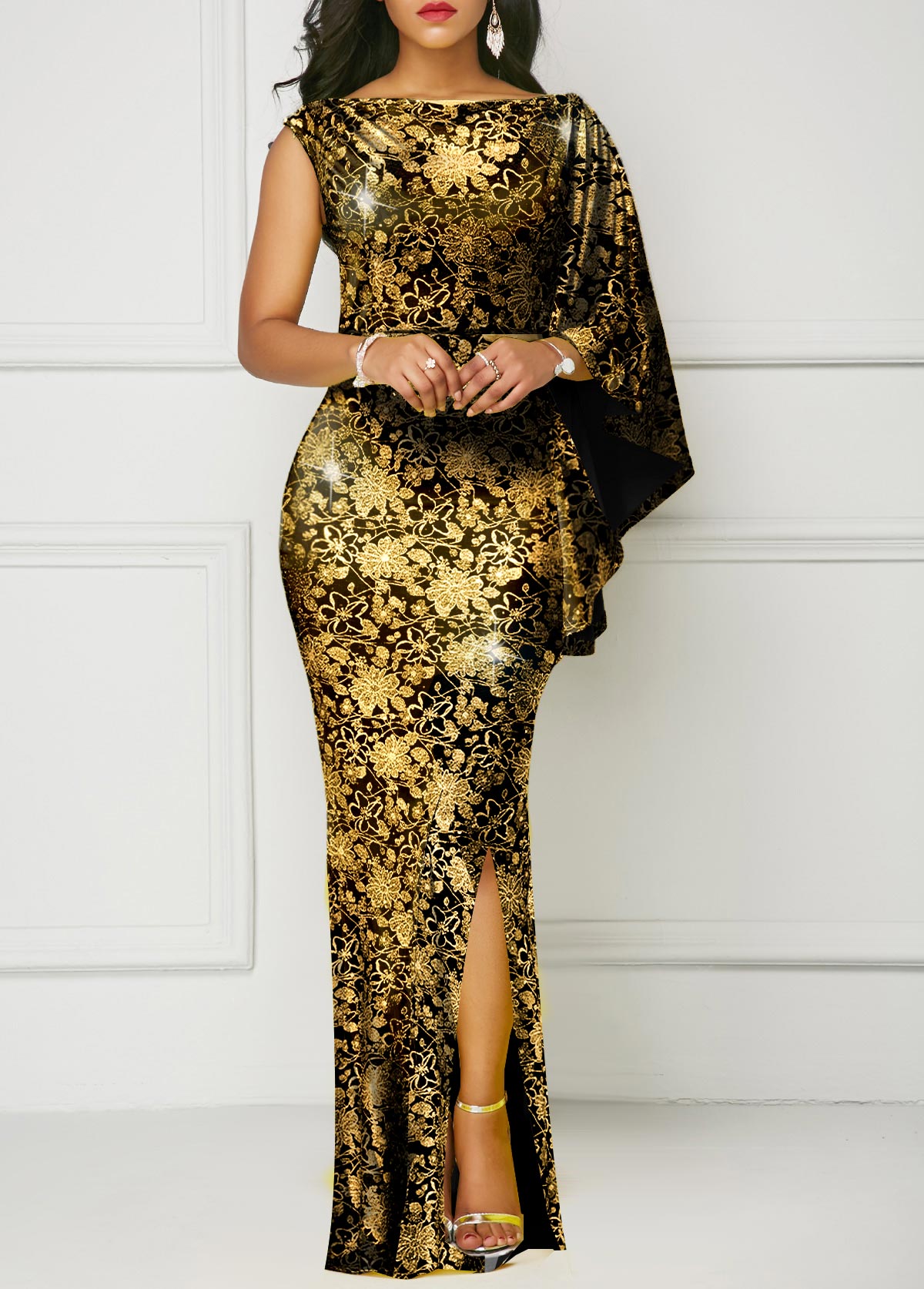 Golden Hot Stamping Floral Print Side Slit Dress